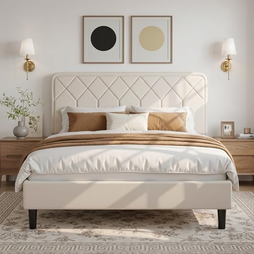 VECELO Lit Double Rembourré 140x190 cm, Sommier Plateforme avec Tête de Lit Réglable, Support à Lattes en Bois Solide, Tissu en Velours Haut de Gamme,...