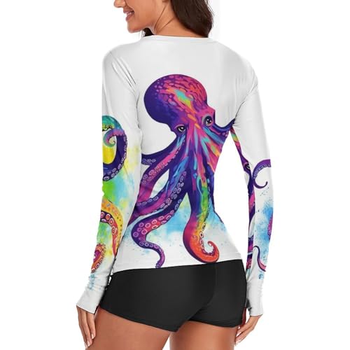 Colorful Octopus Rash Guard for Women Long Sleeve Swimsuits Sun Protection Sun Shirt Swim Shirts Hiking Tops3