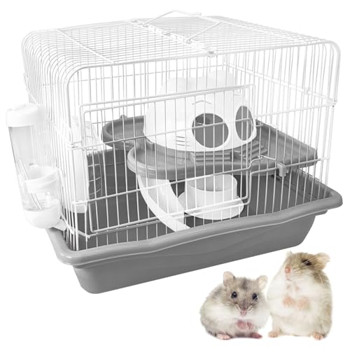 PINVNBY Dwarf Hamster Cage, Small Animal Cages, 2-Tier Travel Portable Mouse Cage Hamster Carrier with Castle House Running Exercise Wheels, Water Bottle and Food Dish（Gray）