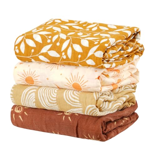 Image of CoolaPeach 4 Set Muslin Swaddle Blankets for Newborn Baby Boys, Girls - Cute Soft Print Baby Towel Wrap 120x110cm - Yellow Floral