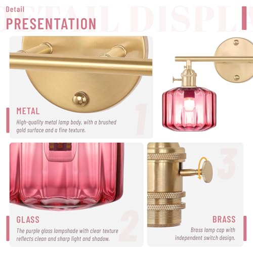 Image of Vintage Wall Light Brass Vanity Light Bathroom Light Fixtures 2-Light Wall Sconce with Purple Globe Glass Shades Vanity Lighting for Stairwell Living Room Bedside Bedroom
