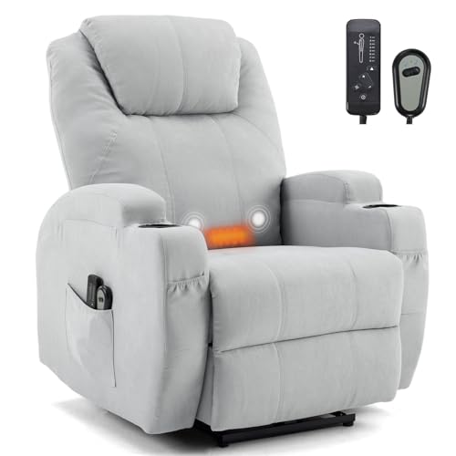 TactFire Fauteuil Électrique Relax, Fauteuil de Relaxation avec Fonction Massage et Chaleur, Inclinaison Réglable et Repose-Pieds (Gris Clair)