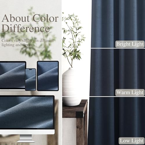 Image of Vintage Blue 100% Blackout Linen Curtains 108 Inches Long for Bedroom Back Tab Thermal Insulated Vintage Farmhouse Decor Black Out Curtain for Living Room Floor to Ceiling High Window 52x108, 2 Panels