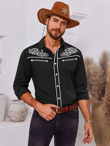 Runcati Mens Western Cowboy Shirt Button Down Long Sleeve Embroidered Casual Slim Fit Vintage Dress Shirts2