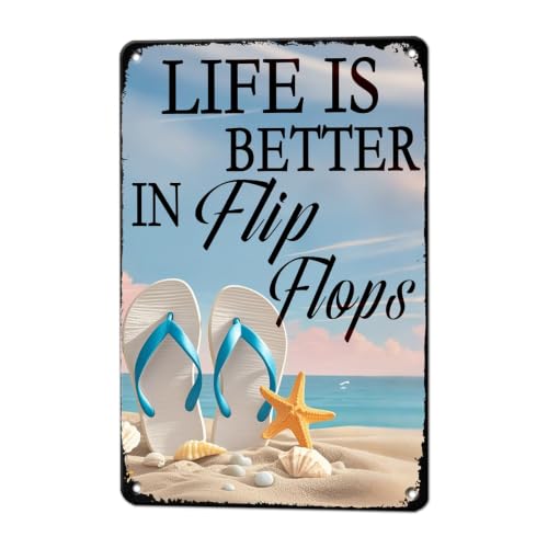 KIYOYO Beach Metal Tin Sign Life Is Better In Flip Flops Tin Sign Home Bar Pub 8x12 Inch Wall Decor