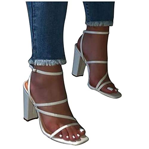 Reokoou Strappy High Heels Sandals for Women Dressy Summer Open Toe Buckle Pump Beach Shoes Party Wedding Sandal