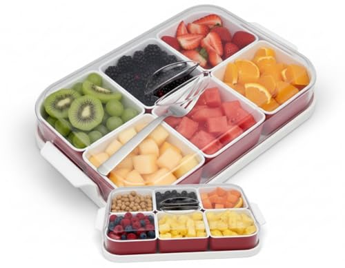 GREY LOOK Breakfast Set With 6 Compartment Organizer with Lid Cover Serving Food Tray Morning for Candy and Nut, Divided Snack Holder Dish Appetizer Tray Serving Platters Snack Storage with Lid