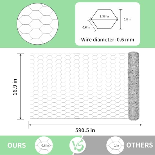 Image of Chicken Wire 16.9 in x 590.5 in Poultry Wire Netting Hexagonal Galvanized Mesh Garden Fence Barrier for Pet Rabbit Chicken Fencing with 100 Pcs Cable Zip Ties