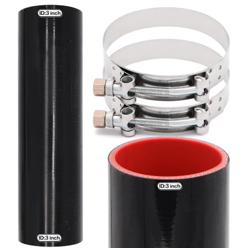 Image of 3 inch ID (76mm) Straight Silicone Hose Coupler 12 inch Long, 4-Ply Reinforced 5mm Thick, Straight Turbo Intake Pipe with 2 X Stainless T-Bolt Clamps - for Intercooler, Charge Pipe, Air Intake
