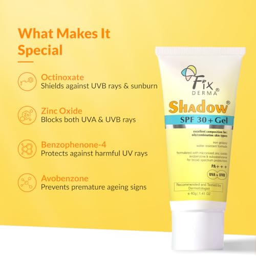 Image of Fixderma Shadow Sunscreen SPF 30+ Pa+++ Gel For Oily Skin | Lightweight, Water Resistant, No White Cast | Broad Spectrum Sunscreen Gel For UVA & UVB Protection | Women & Men | 40gm