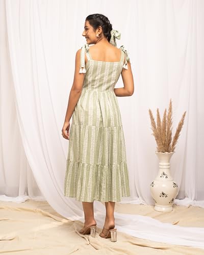 Image of FIORRA Women's Fit And Flare Knee Length Cotton Block Printed Western Knee-Length Dress