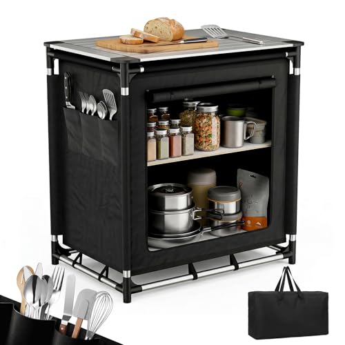 Sekey Campingschrank Faltbar Campingküche mit Aufrollbare Arbeitsplatte & Aluminiumgestell Ink. Tragetasche Reiseküche Zeltschrank Outdoor Camping Küche für Grillen Picknick Garten