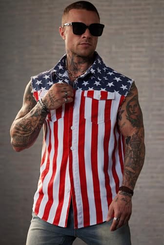 Mainfini Men's American Flag Denim Vest 4th of July Sleeveless Jacket With Pockets (S-XXL)2