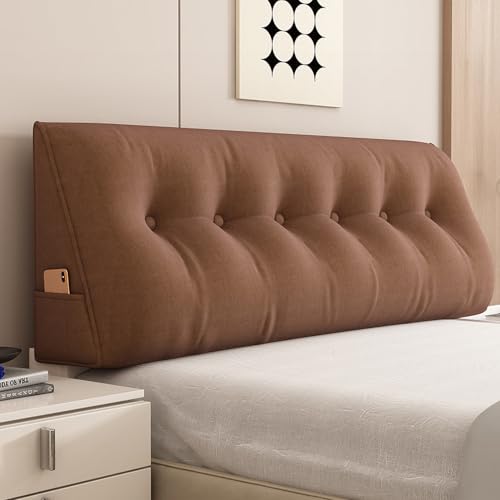 Almohada triangular para cabecero de lectura, cojín de lectura para cama, almohada extraíble para respaldo de sofá con bolsillo lateral, color café, 135 x 50 x 20 cm, perfecta para comodidad y estilo