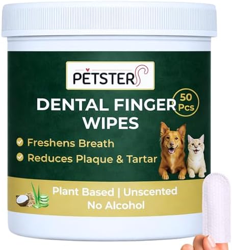 Petsters Dog Dental Wipes & Cat Dental Wipes – No Rinse Teeth Cleaning Finger Wipes, Helps Reduce Plaque & Tartar, Freshens Breath, Plant-Based & Unscented, 50 Count | Canadian Pet Care Brand