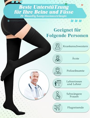20-30 mmHg Medizinische Kompressionsstrümpfe Damen Herren, Klasse 2 Oberschenkel Lang Stützstrümpfe, Geschlossene Zehe Thrombosestrümpfe Damen mit Silikonband für Krampfadern, Ödeme, Flug