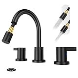 Phiestina Pull Out Sprayer Matte Black 8 Inch Bathroom Sink Faucet, Widespread 2 Handles 3 Hole Pull Down Bathroom Faucet, with Pop Up Drain...