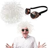 Retrowavy 2 Pcs Mad Scientist Costume for Men Mad White Crazy Wig and Steampunk Goggles Eccentric Scientist Costume for Halloween Cosplay Accessories