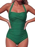 Smismivo Tummy Control Swimwear Halter One Piece Swimsuit Ruched Padded Bathing Suits for Women Slimming Vintage Bikini (Green, Large)