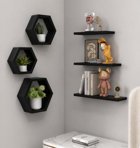 Image of Hexagon Wall Shelves Set of 6 | Wooden Floating Wall Shelf for Home Decor | Honeycomb Design Wall Rack for Living Room, Bedroom & Office (Black)