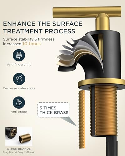 Image of FORIOUS Black and Gold Bathroom Faucet 3 Hole with Pop Up Drain and 24 in Supply Line, 2 Handle Modern Bathroom Vanity Faucet Widespread 8 inch with 360 Degree Swivel Gooseneck, for 6 inch to 12 inch Basin
