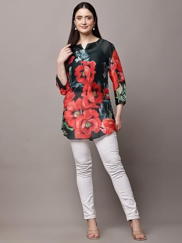 Image of Women's Pink Printed Short Kurti with Lace Trim, 3 /4 Sleeves, Ethnic Indian Style Top