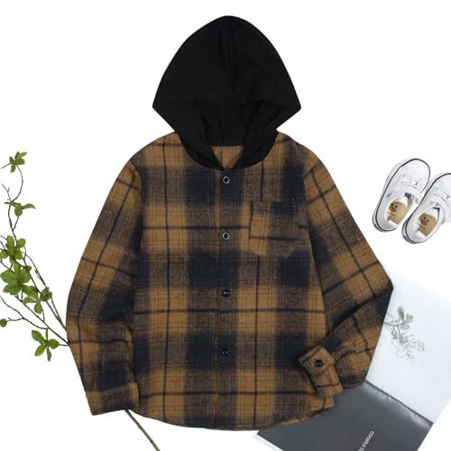 Image of Boys Girls Flannel Shirts Plaid Hoodies Fall Fashion Button Down Shirts | Long Sleeve Shirts Hooded Lightweight Jacket, Perfect for School Mornings, Leaf Piles,Camping, Bonfires, Weekend Adventures