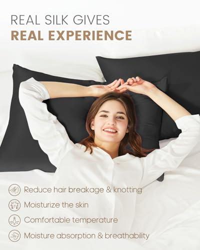 THXSILK Silk Pillowcase for Hair and Skin, 100% Mulberry Silk Grade 6A+ Silk Both Sides Bed Pillow Cover with Hidden Zipper, 1pc Hypoallergenic Pillowcase (King Size 20"x36", Black)