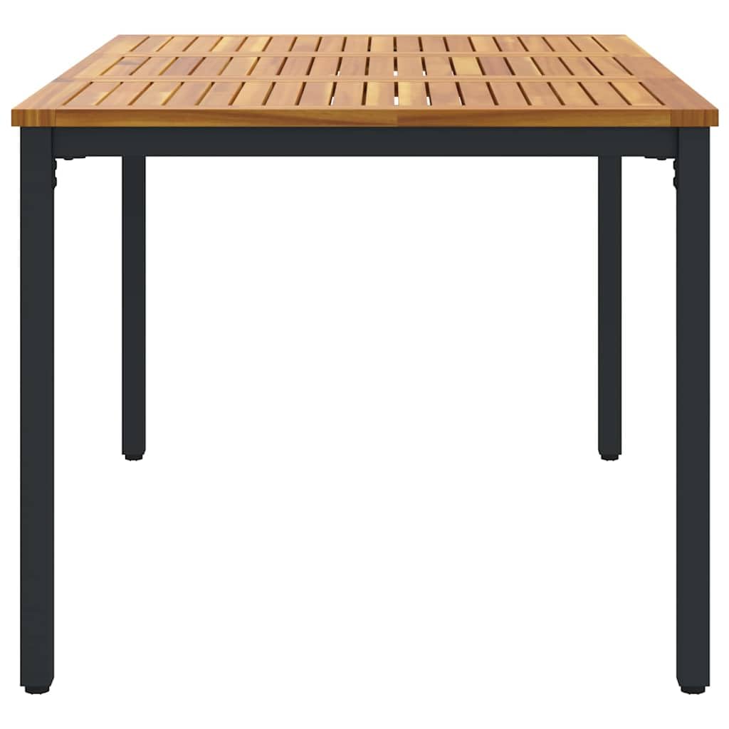Stół ogrodowy z litego drewna akacjowego z czarnymi stalowymi nogami, 150 x 90 x 75 cm, odporny na warunki atmosferyczne, na taras, balkon, werandę