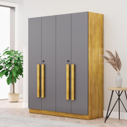 Image of Bniture 3 Door Wardrobe for Bedroom with Lockable Door & Hanging Space | Almirah for Clothes with Elevated Bottom Base | Wardrobe for Storage | 3 Years Warranty (Giant Wood & Slate Grey, HXWB112)