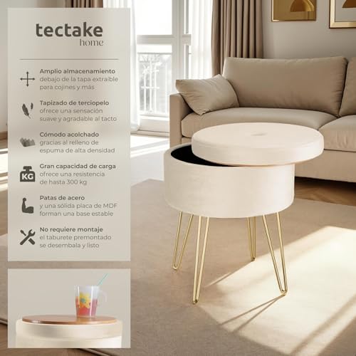 Miniatura 3 de Tectake Elegante Taburete Redondo Aterciopelado Con Espacio De Almacenamiento, Capacidad De Carga 300 Kg, Mueble Auxiliar Dormitorio, Puff Salon, Taburete Dormitorio, Puff Almacenaje - Crema