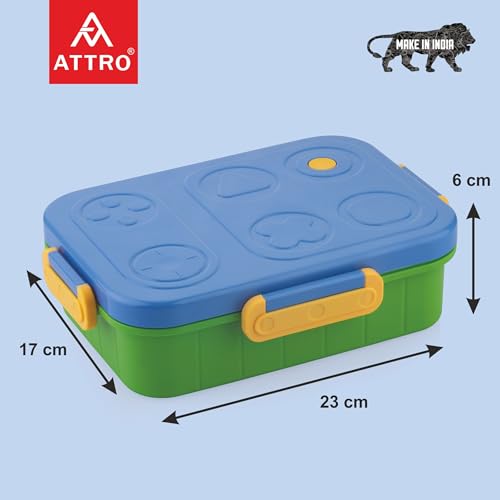 Image of ATTRO TicTac Plastic Lunch Box - 3 Compartment Bento Tiffin, Leak-Proof & Durable, Ideal for Kids, School, Picnic- 1200ml+80ml, Blue Green