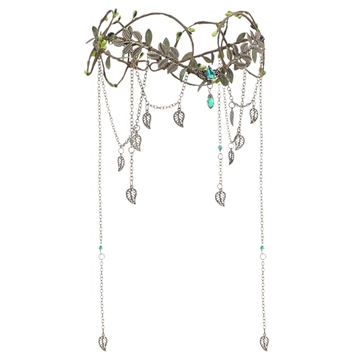 MOSTORY Medieval Elf Headpiece for Women - Green Elf Crown with Tassel for Woodland Fairy Accessories Forest Fairy Circlet with Leaves for Renaissance Renfaire Viking Cosplay