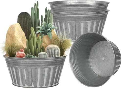 vensovo 25.4 CM Silver Metal Rustic Plant Pots - 4 Pcs Large Shallow Galvanized Planters with Drain Hole and Rubber Plug, Rustproof Tin Bucket Succulent Pot Indoor Farmhouse Vintage Style for Decor