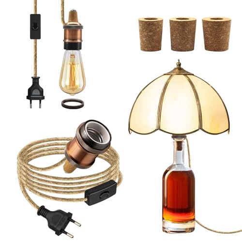 Portalampada per bottiglie E27 bronzo con spina e interruttore, adattatore bottiglia lampada con cavo corda di canapa 240 cm, attacco in ceramica per lampada da tavolo, 3 tipi di tappi di sughero