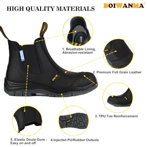 Image of Work Boots for Men, Steel Toe, Puncture-Resistant, Pull on Chelsea Leather Safety Boots, US Size 7-15 M & W
