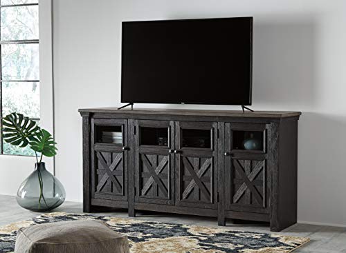 Image of Signature Design by Ashley Tyler Creek Farmhouse TV Stand Fits TVs up to 72 inch, 4 Glass Doors, 3 Adjustable Storage Shelves, Dark Gray