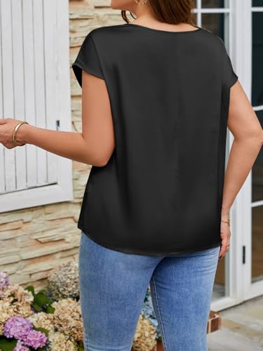 Beautife Womens Plus Size Tunic Tops Satin V Neck Cap Sleeve Shirts Summer Dressy Casual Blouses Black — view 4