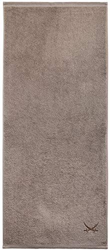Sansibar Badetuch 90x180 cm – saugstarkes Strandtuch/Saunatuch aus Baumwolle – Oeko-TEX zertifizierter Frottee – Sylt-Design mit gesticktem Säbel-Logo – Taupe