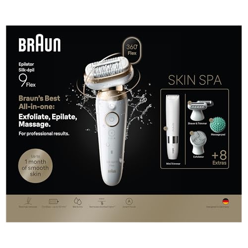 Braun Silk·épil 9 Flex SkinSpa   Depiladora para mujer, todo en uno, con cabezal flexible de 360° para una fácil depilación, húmedo y seco, piel suave de larga duración con recortador corporal, color