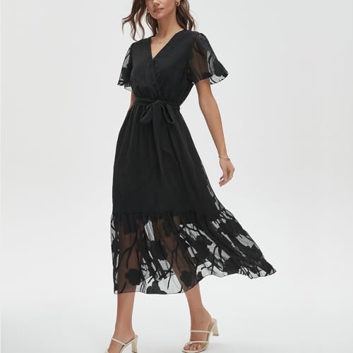 Image of Women's Summer Bohemian Floral Chiffon Dress Cap Sleeve V Neck Ruffle Long Flowy Boho Casual Vacation Dresses
