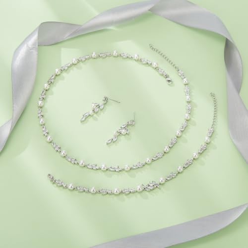 Image of EVER FAITH Cubic Zirconia Pearl Leaf Bridal Jewelry Set for Bride Women | White Wedding Prom Necklace Dangle Earrings Bracelet, for Bridesmaid