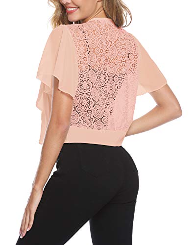 Hawiton Women Shrug Short Sleeve Lace Bolero Jacket Open Front Cropped Cardigan Apricot - Thumbnail 5