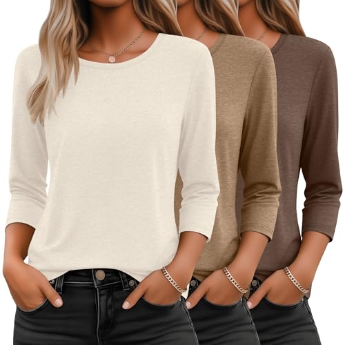 Ficerd 3 Pack 3/4 Sleeve Tops for Women Round Neck Dressy Basics Tees Casual Trendy Loose Fit T...