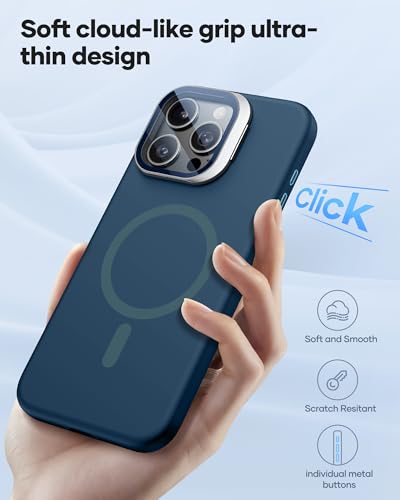 Image of Vihibii for iPhone 15 Pro Max Case, [Compatible with MagSafe], Built-in Transparent Lens Cover & Camera Stand, Full-Body Shockproof Soft Silicone Rubber Phone Cover with Microfiber Lining, Dark Blue