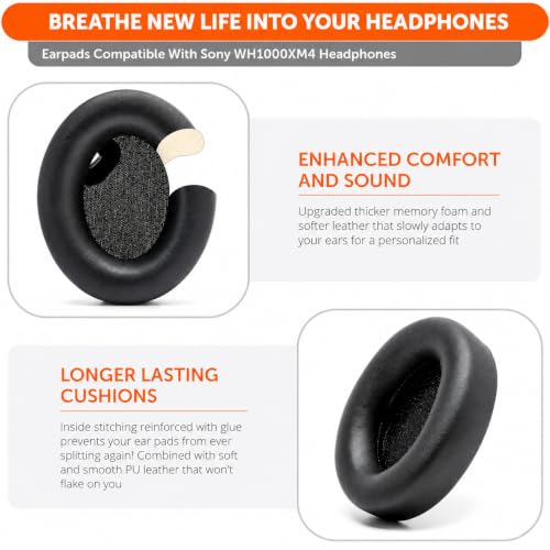 Image of Mizi Replacement Earpads Compatible with Sony WH-1000XM4 (WH1000XM4) Noise Cancelling Headphones, Premium Protein Leather Ear Cushions with Thick Memory Foam, Noise Isolation, Enhanced Comfort, Black