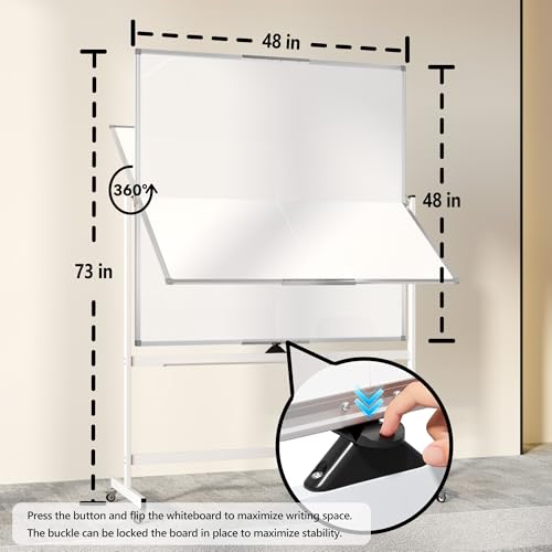 Image of Large Rolling Whiteboard on Wheels, 48 inch x 48 inch Double-Sided Mobile White Board with Stand, 4' x 4' Portable Standing Magnetic Dry Erase Board Easel for Home Office Classroom School, Silver