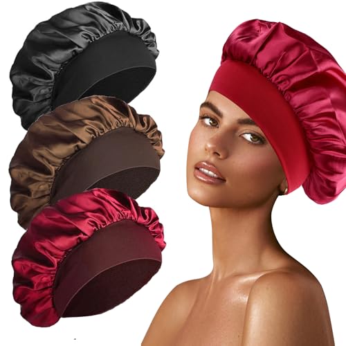 3 Stück Seidenhaube zum Schlafen, Schlafhaube Seide Silk Bonnet Satin Bonnet Sleep Cap Schlafhaube Haare Schützen Lockenhaube zum Schlafen Bonnet Seide Satin Haarhaube für Die Nacht(Schwarz Kaffee Rot