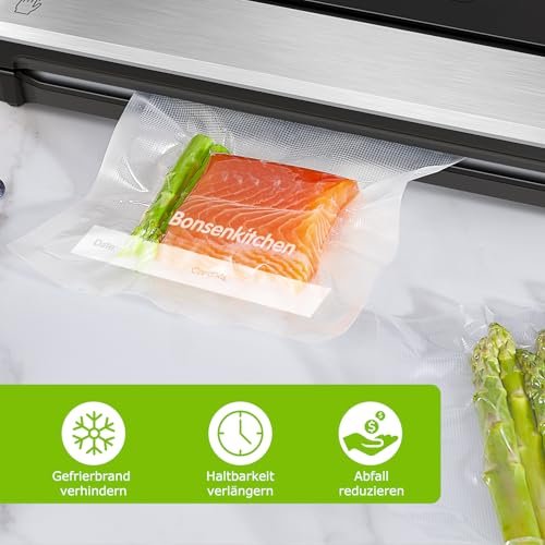 Bonsenkitchen Vakuumierbeutel 15x25cm, 100 Beutel Profi-Folienbeutel für alle Vakuumiergerät, vakuumbeutel für lebensmittel, Sous Vide Gefrierbeutel, Einschweissbeutel, BPA-frei