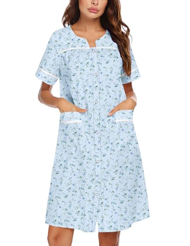 Image of Ekouaer Nightgowns for Women House Dress with Pockets Snap Front House Coat Short Sleeve Duster Moo Moos Sleepwear S-3XL